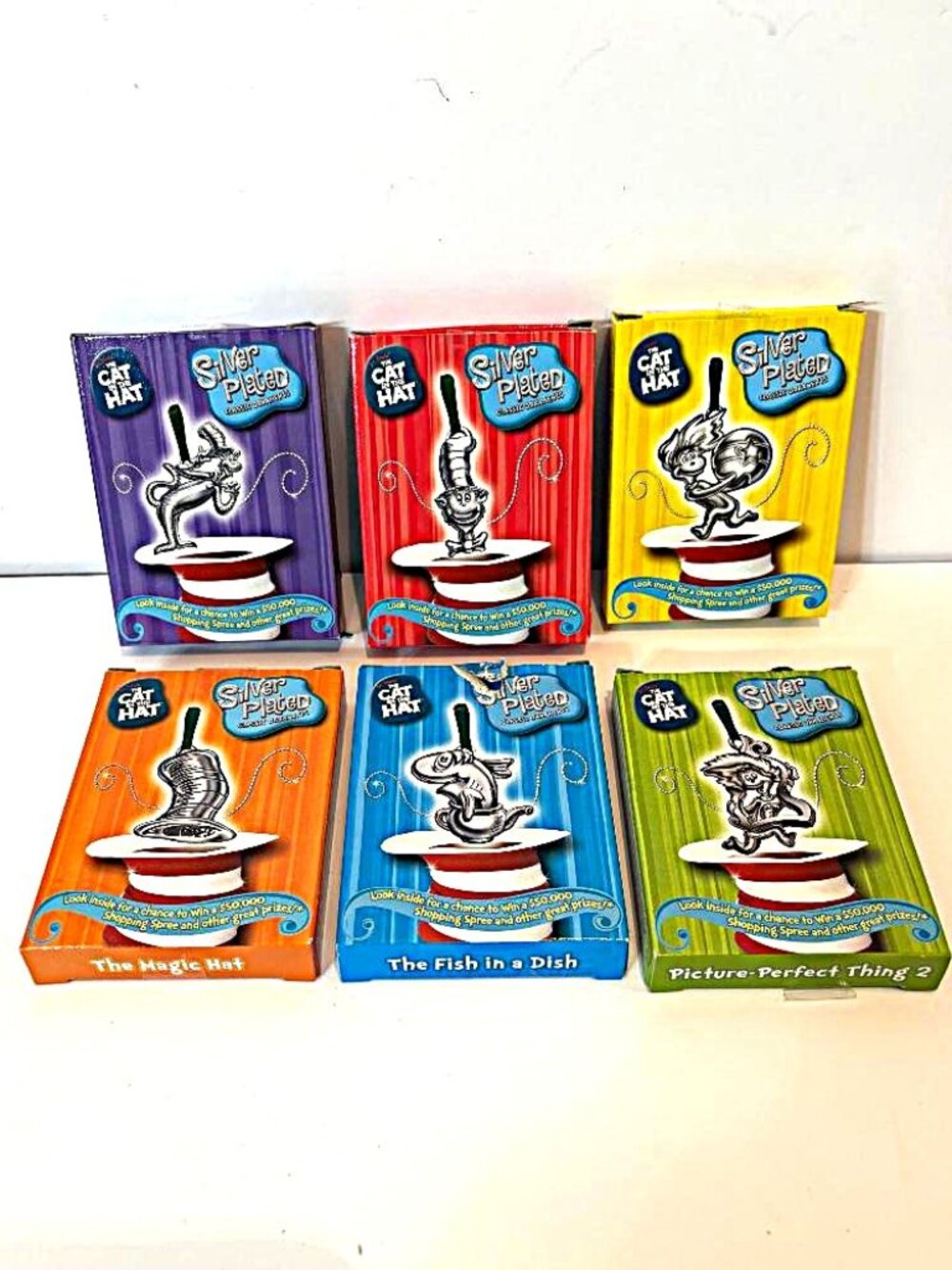 Vintage 2003 Dr Seuss Set of 6 Silver Plated Cat In The Hat Christmas Ornaments
